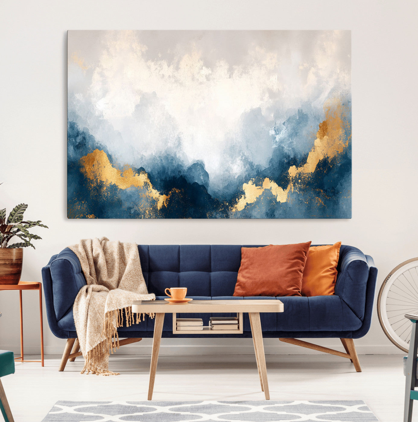 14578-MGV-CV-36X24-Abstract Wall Art – Modern Canvas Print Featuring Blue and White Clouds with Golden Accents, Contemporary Elegant Artwork for