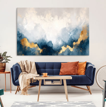 14578-MGV-CV-36X24-Abstract Wall Art – Modern Canvas Print Featuring Blue and White Clouds with Golden Accents, Contemporary Elegant Artwork for