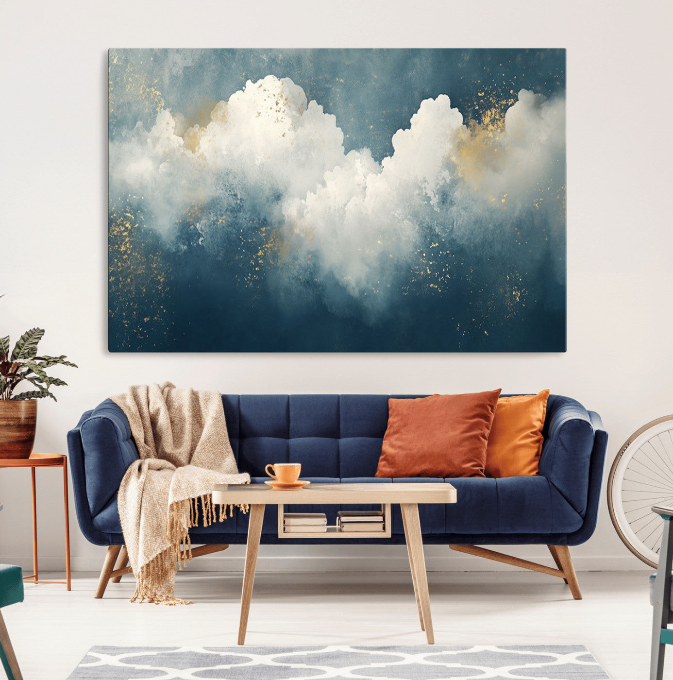 75131-MGV-CV-36X24-Abstract Cloud Wall Art – Modern Canvas Print Featuring Blue and White Clouds with Golden Accents, Contemporary Artwork for Living