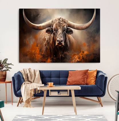 240479-MGV-CV-36X24-Longhorn Bull Wall Art – Dramatic Western Canvas Print Featuring Horned Bull with Fiery Background, Rustic Farmhouse Artwork for