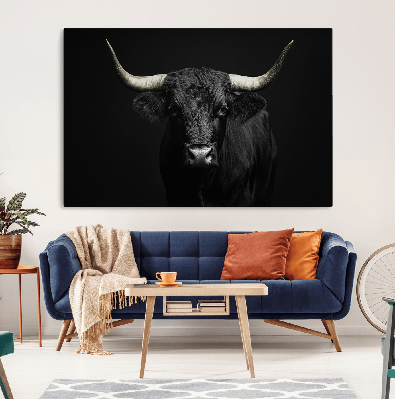 97914921-MGV-CV-36X24-Black Bull Wall Art Canvas Print, Framed Longhorn Bull Art Picture Print, Western Bull Perfect Monochrome Western Decor Artwork