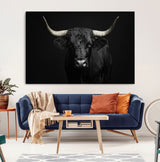 97914921-MGV-CV-36X24-Black Bull Wall Art Canvas Print, Framed Longhorn Bull Art Picture Print, Western Bull Perfect Monochrome Western Decor Artwork