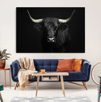 97914921-MGV-CV-36X24-Black Bull Wall Art Canvas Print, Framed Longhorn Bull Art Picture Print, Western Bull Perfect Monochrome Western Decor Artwork