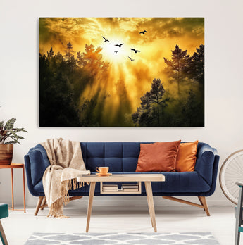 13776802-MGV-CV-36X24-Golden Forest Wall Art Canvas Print, Framed Sunset Pines Art Picture Print, Flying Birds Perfect Nature Glow Decor Artwork