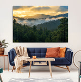 68082278-MGV-CV-36X24-Mountain Sunrise Wall Art Canvas Print, Framed Pine Forest Art Picture Print, Misty Mountains Perfect Earthy Woodland Decor