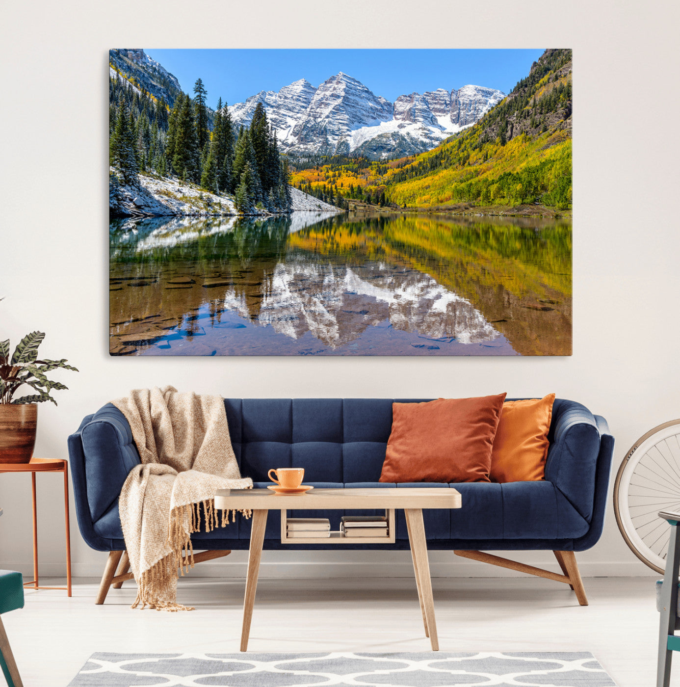 87724099-MGV-CV-36X24-Maroon Bells Wall Art Canvas Print, Framed Snowy Mountains Art Picture Print, Pine Forest Perfect Vibrant Alpine Decor Artwork