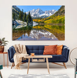87724099-MGV-CV-36X24-Maroon Bells Wall Art Canvas Print, Framed Snowy Mountains Art Picture Print, Pine Forest Perfect Vibrant Alpine Decor Artwork