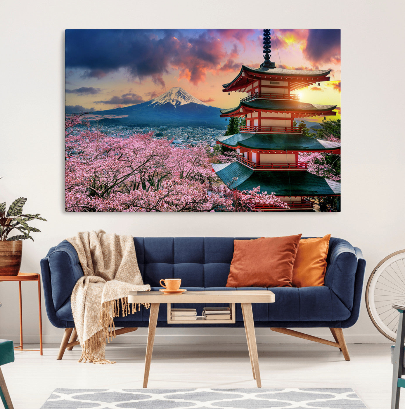32331262-MGV-CV-36X24-Mount Fuji Japan Wall Art – Cherry Blossom Landscape Canvas Print, Chureito Pagoda Sunset Photography, Japanese Nature Travel