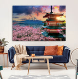 32331262-MGV-CV-36X24-Mount Fuji Japan Wall Art – Cherry Blossom Landscape Canvas Print, Chureito Pagoda Sunset Photography, Japanese Nature Travel