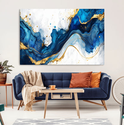 33506371-MGV-CV-36X24-Blue Marble Wall Art Canvas Print, Framed Gold Splash Art Picture Print, Abstract Wave Perfect Modern Luxe Decor Artwork
