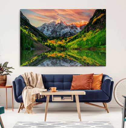 59533484-MGV-CV-36X24-Maroon Bells Autumn Wall Art – Panoramic Mountain Landscape Canvas Print, Sunset Reflection Nature Artwork for Living Room, Office