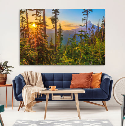 83544043-MGV-CV-36X24-Forest Sunset Wall Art Canvas Print, Framed Sunset Trees Art Picture Print, Green Pines Perfect Rustic Nature Decor Artwork