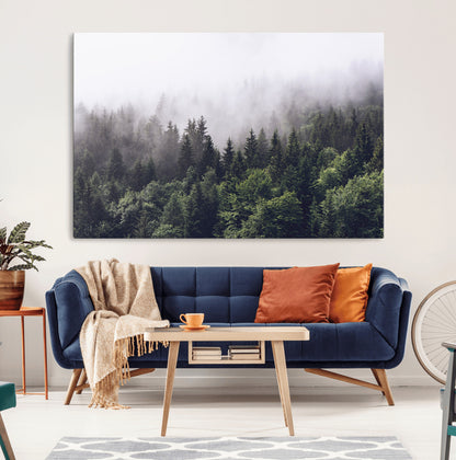 62890402-MGV-CV-36X24-Misty Forest Wall Art Canvas Print, Framed Foggy Pines Art Picture Print, Pine Valley Perfect Moody Woodland Decor Artwork