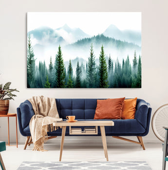 16716676-MGV-CV-36X24-Pine Forest Wall Art Canvas Print, Framed Misty Mountains Art Picture Print, Foggy Trees Perfect Moody Forest Decor Artwork
