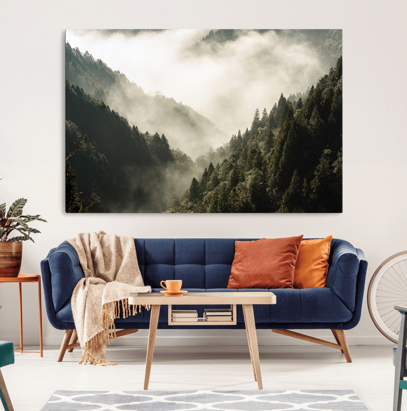 57570237-MGV-CV-36X24-Misty Valley Wall Art Canvas Print, Framed Foggy Forest Art Picture Print, Pine Trees Perfect Moody Woodland Decor Artwork