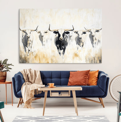 40397799-MGV-CV-36X24-Texas Longhorn Wall Art Canvas Print, Framed Rustic Herd Art Picture Print, Western Bull Perfect Neutral Western Decor Artwork