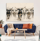 61538944-MGV-CV-36X24-Texas Longhorn Wall Art Canvas Print, Framed Cattles Walking Art Picture Print, Black White Bulls Perfect Rustic Western Decor