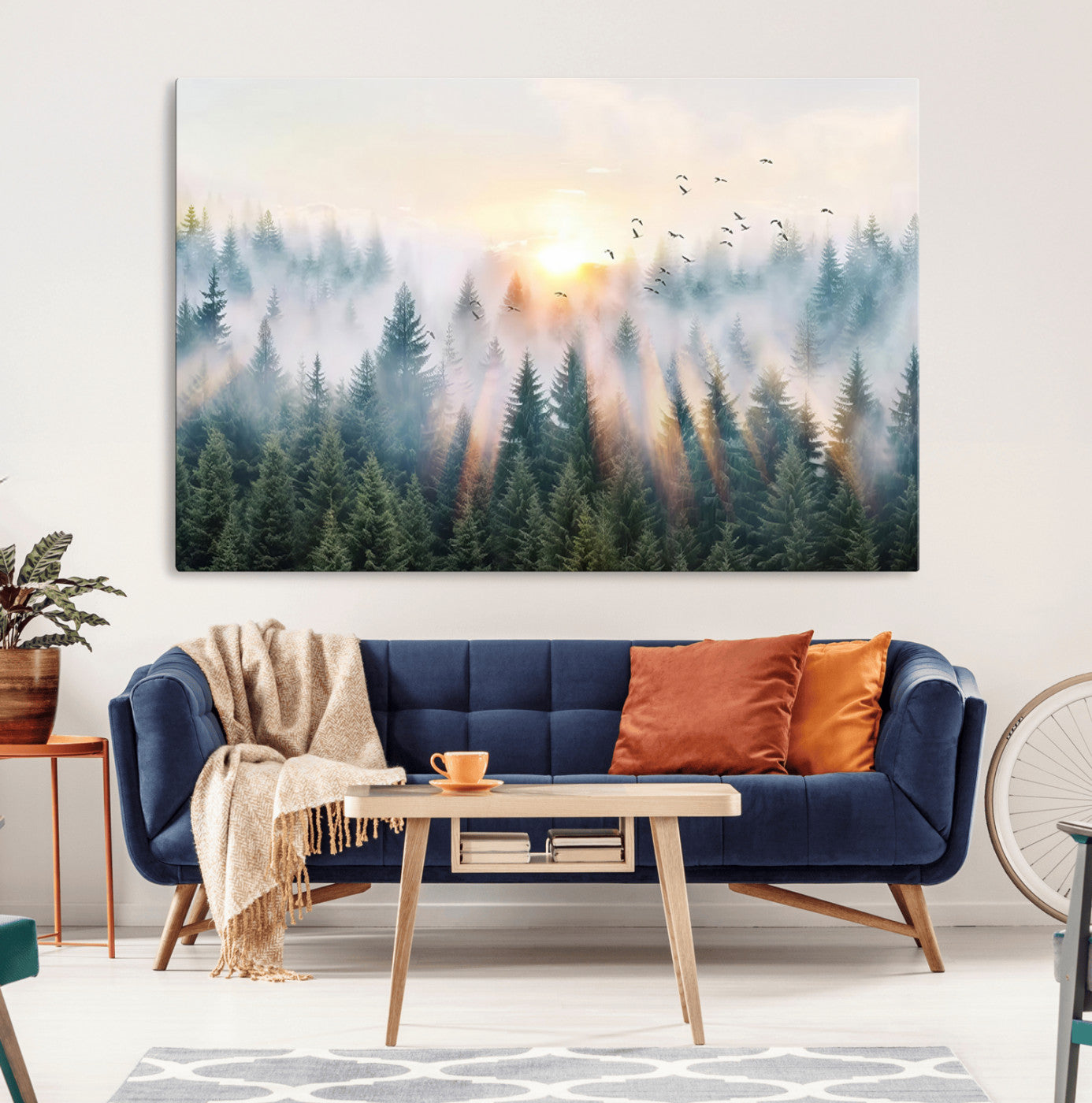 92718976-MGV-CV-36X24-Misty Forest Wall Art Canvas Print, Framed Sunrise Pines Art Picture Print, Foggy Woodland Perfect Moody Woodland Decor Artwork