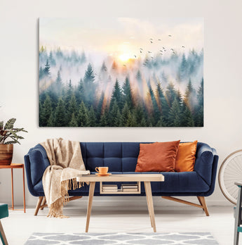 92718976-MGV-CV-36X24-Misty Forest Wall Art Canvas Print, Framed Sunrise Pines Art Picture Print, Foggy Woodland Perfect Moody Woodland Decor Artwork
