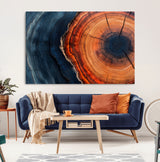 57732250-MGV-CV-36X24-Tree Ring Abstract Wall Art – Blue Orange Wood Grain Canvas Print, Modern Rustic Nature Artwork for Living Room, Office,