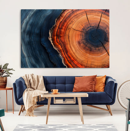 57732250-MGV-CV-36X24-Tree Ring Abstract Wall Art – Blue Orange Wood Grain Canvas Print, Modern Rustic Nature Artwork for Living Room, Office,