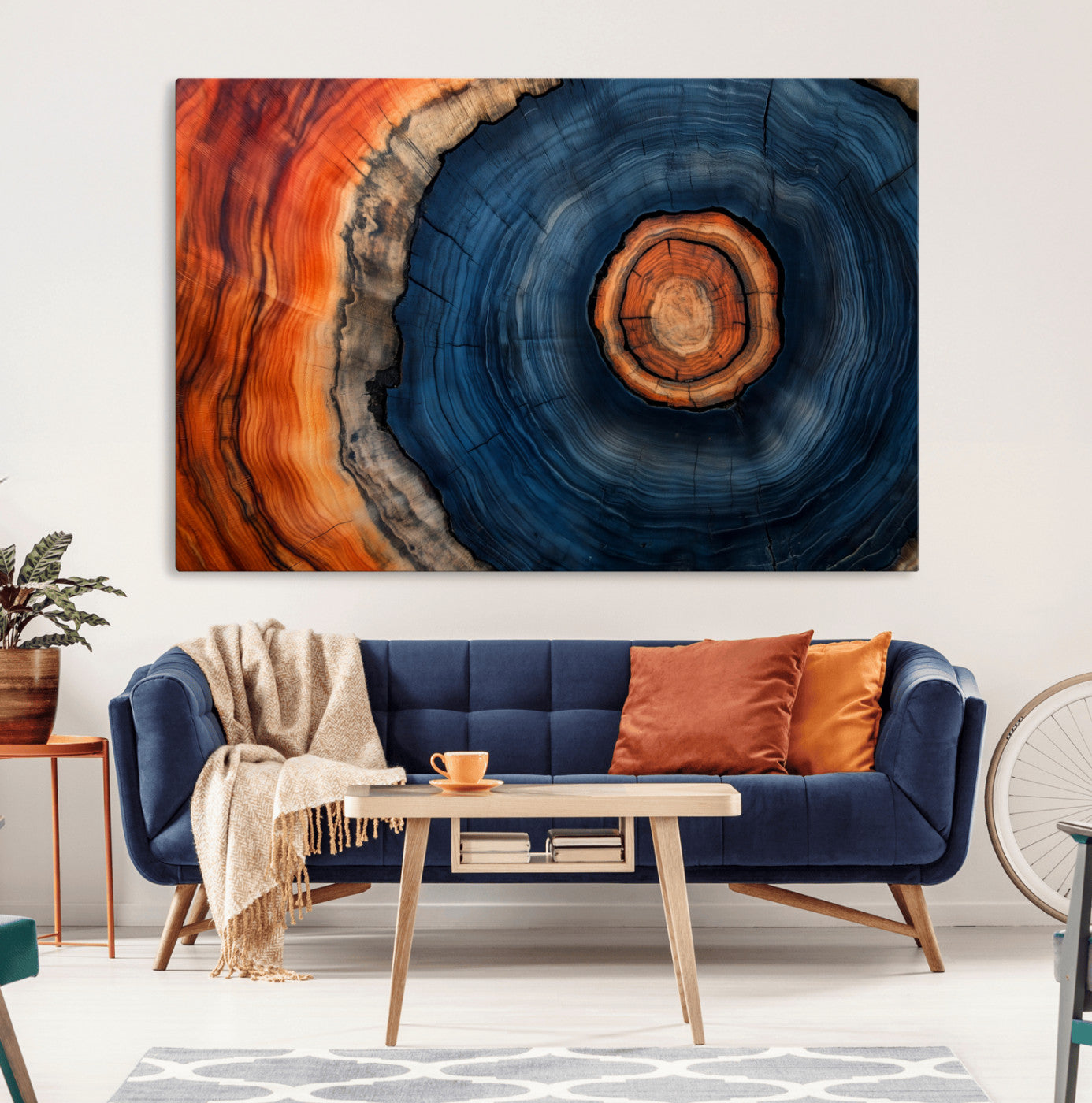72209152-MGV-CV-36X24-Abstract Tree Ring Wall Art – Vibrant Blue Orange Wood Grain Canvas Print, Rustic Modern Nature Artwork for Living Room, Office,