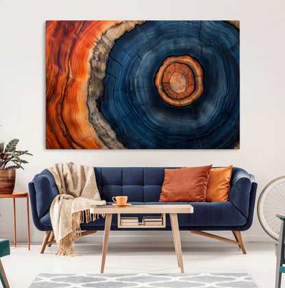 72209152-MGV-CV-36X24-Abstract Tree Ring Wall Art – Vibrant Blue Orange Wood Grain Canvas Print, Rustic Modern Nature Artwork for Living Room, Office,