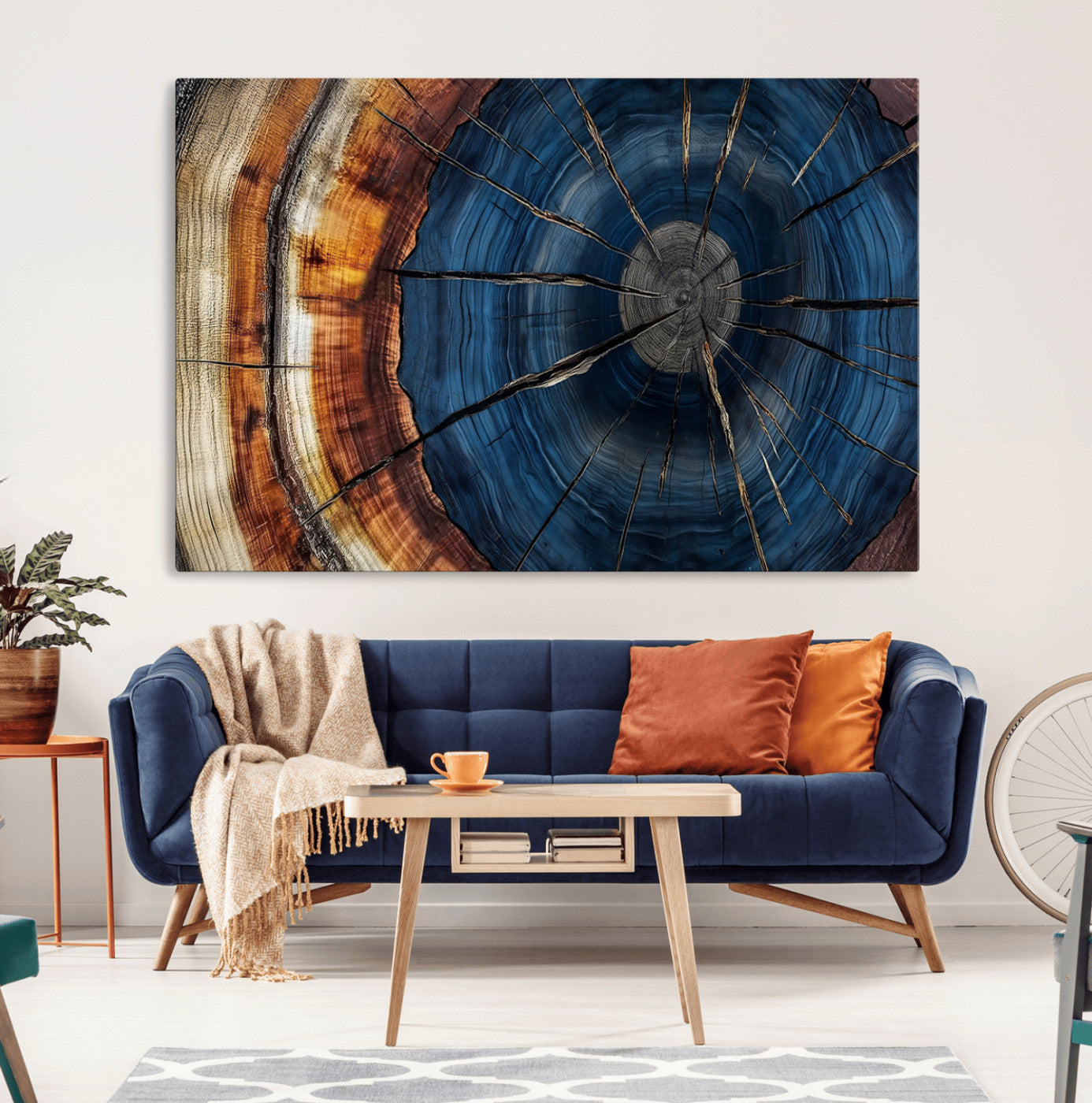 60099360-MGV-CV-36X24-Blue Tree Ring Wall Art – Rustic Wood Grain Canvas Print, Modern Abstract Artwork with Natural Texture for Living Room, Bedroom,