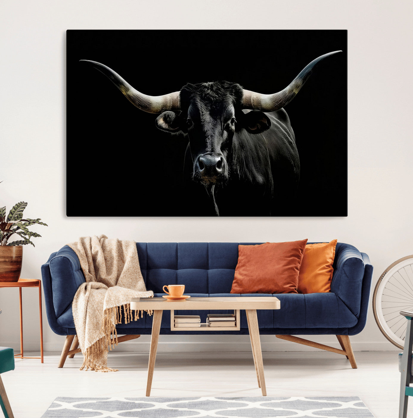 37531960-MGV-CV-36X24-Black Longhorn Bull Wall Art – Dramatic Western Cattle Canvas Print, Rustic Farmhouse Animal Artwork for Living Room, Bedroom,