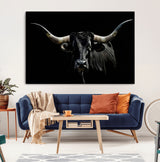 37531960-MGV-CV-36X24-Black Longhorn Bull Wall Art – Dramatic Western Cattle Canvas Print, Rustic Farmhouse Animal Artwork for Living Room, Bedroom,
