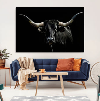 37531960-MGV-CV-36X24-Black Longhorn Bull Wall Art – Dramatic Western Cattle Canvas Print, Rustic Farmhouse Animal Artwork for Living Room, Bedroom,