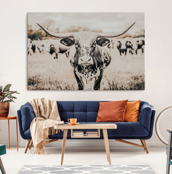 27497342-MGV-CV-36X24-Texas Longhorn Wall Art Canvas Print, Framed Speckled Cow Art Picture Print, Horned Cattle Perfect Rustic Western Decor Artwork