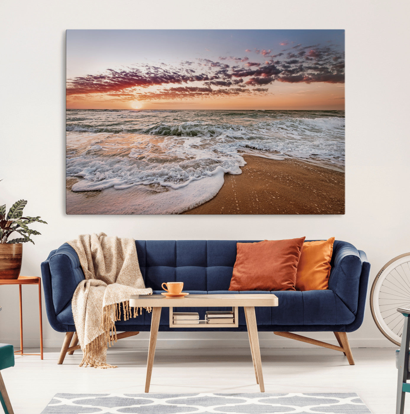 39846389-MGV-CV-36X24-Ocean Sunset Wall Art Canvas Print, Framed Sandy Shore Art Picture Print, Gentle Waves Perfect Minimalist Coastal Decor Artwork