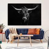 42077175-MGV-CV-36X24-Texas Longhorn Wall Art Canvas Print, Framed Monochrome Bull Art Picture Print, Horned Bull Perfect Rustic Western Decor Artwork