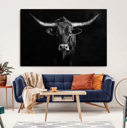 42077175-MGV-CV-36X24-Texas Longhorn Wall Art Canvas Print, Framed Monochrome Bull Art Picture Print, Horned Bull Perfect Rustic Western Decor Artwork