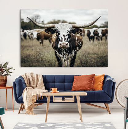 79025945-MGV-CV-36X24-Texas Longhorn Wall Art Canvas Print, Framed Speckled Cow Art Picture Print, Horned Cattle Perfect Rustic Western Decor Artwork