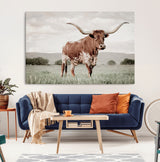 28309012-MGV-CV-36X24-Texas Longhorn Wall Art Canvas Print, Framed Spotted Cattle Art Picture Print, Horned Bull Perfect Rustic Western Decor Artwork