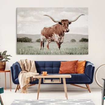 28309012-MGV-CV-36X24-Texas Longhorn Wall Art Canvas Print, Framed Spotted Cattle Art Picture Print, Horned Bull Perfect Rustic Western Decor Artwork