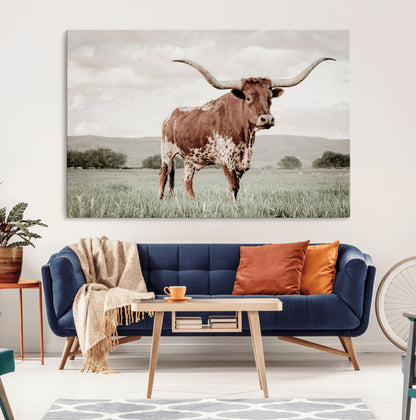 28309012-MGV-CV-36X24-Texas Longhorn Wall Art Canvas Print, Framed Spotted Cattle Art Picture Print, Horned Bull Perfect Rustic Western Decor Artwork