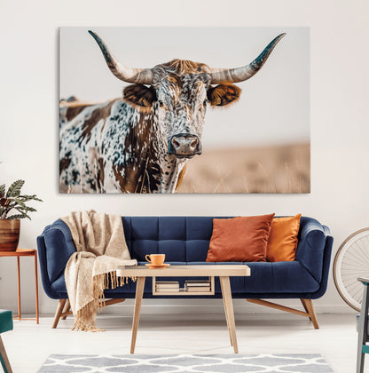 70414966-MGV-CV-36X24-Texas Longhorn Wall Art Canvas Print, Framed Speckled Cow Art Picture Print, Horned Bull Perfect Rustic Western Decor Artwork