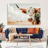 72766375-MGV-CV-36X24-Texas Longhorn Wall Art Canvas Print, Framed Spotted Cow Art Picture Print, Horned Cattle Perfect Rustic Western Decor Artwork