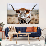 76294381-MGV-CV-36X24-Texas Longhorn Wall Art Canvas Print, Framed Spotted Cow Art Picture Print, Horned Cattle Perfect Rustic Western Decor Artwork