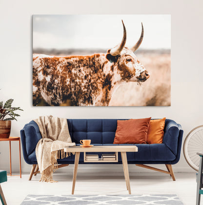 11528295-MGV-CV-36X24-Speckled Longhorn Wall Art Canvas Print, Framed Texas Cattle Art Picture Print, Horned Cow Perfect Rustic Western Decor Artwork
