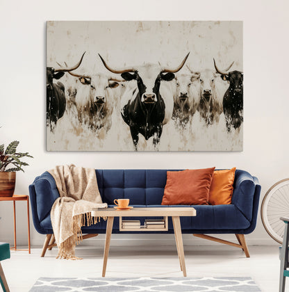 12027562-MGV-CV-36X24-Longhorn Cattle Wall Art Canvas Print, Framed Bison Herd Art Picture Print, Cattle Group Perfect Rustic Farmhouse Decor Artwork
