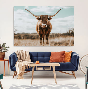 39350715-MGV-CV-36X24-Texas Longhorn Wall Art Canvas Print, Framed Longhorn Cow Art Picture Print, Western Cattle Perfect Rustic Western Decor Artwork