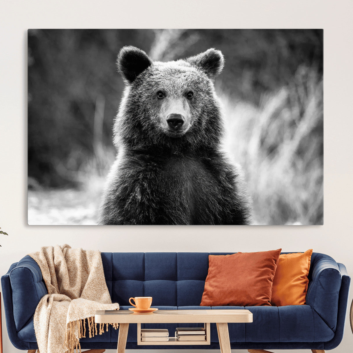 MGV-CV-36X24 - Grizzly Bear Wall Art Canvas Print, Framed Black White Bear Art Picture Print, Wild Bear Perfect Rustic Wildlife Decor Artwork