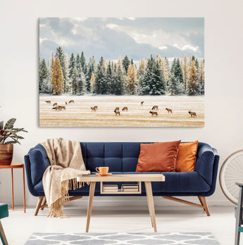 64188182-MGV-CV-36X24-Elk Herd Wall Art Canvas Print, Framed Snowy Forest Art Picture Print, Forest Elks Perfect Neutral Rustic Decor Artwork