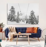 55003599-MGV-CV-36X24-Snowy Ski Lift Wall Art Canvas Print, Framed Winter Forest Art Picture Print, Ski lift Ride Perfect Winter Lodge Decor Artwork