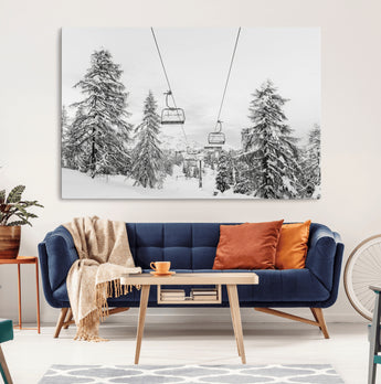 55003599-MGV-CV-36X24-Snowy Ski Lift Wall Art Canvas Print, Framed Winter Forest Art Picture Print, Ski lift Ride Perfect Winter Lodge Decor Artwork