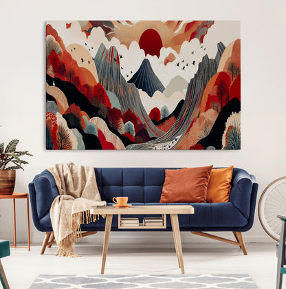 59495752-MGV-CV-36X24-Abstract Mountain Wall Art Canvas Print, Framed Vibrant Landscape Art Picture Print, Nature Drawing Perfect Contemporary